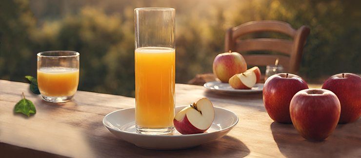 Äppeljuice i glas och äpplen på ett bord i trädgården - äpplenas fenolföreningar gör nytta i magen och hela kroppen.